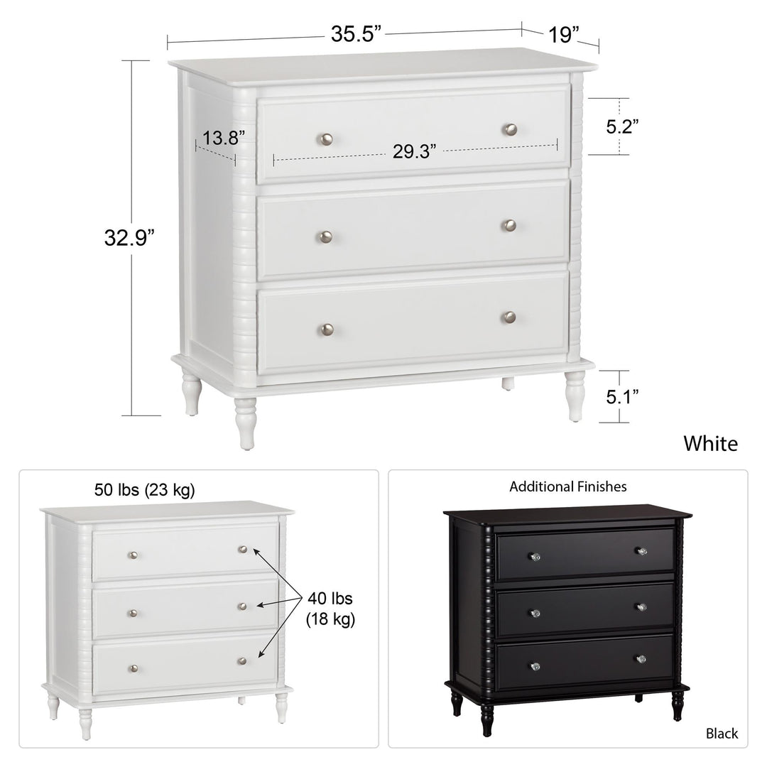 Wood Feet 3 Drawer Dresser -  White
