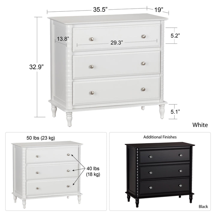 Wood Feet 3 Drawer Dresser -  White