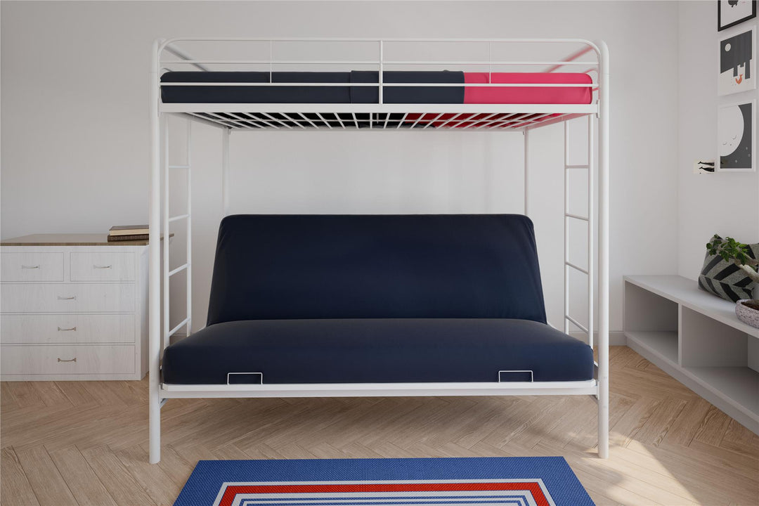 Metal Bunk Bed with Futon and Integrated Ladders -  White  - Twin-Over-Futon