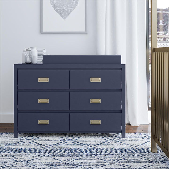 Attractive changing dresser with 6 drawers and gold pulls -  Navy