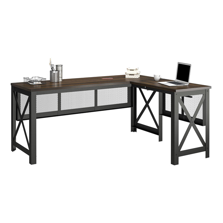 Hudson Rustic Industrial L Desk with Lift Top and Metal Frame - Florence Walnut