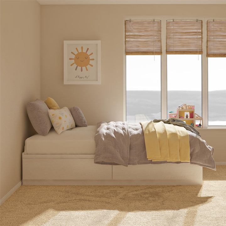 Platform Bed with 2 Large Storage Drawers and No Box Spring Required - Ivory Oak - Twin