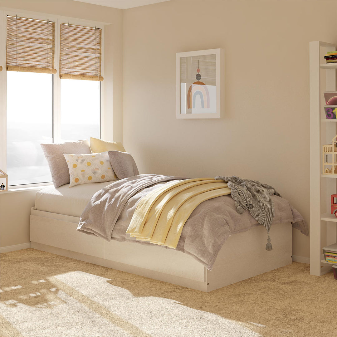 Platform Bed with 2 Large Storage Drawers and No Box Spring Required - Ivory Oak - Twin