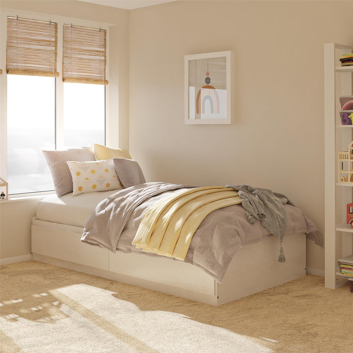 Platform Bed with 2 Large Storage Drawers and No Box Spring Required - Ivory Oak - Twin
