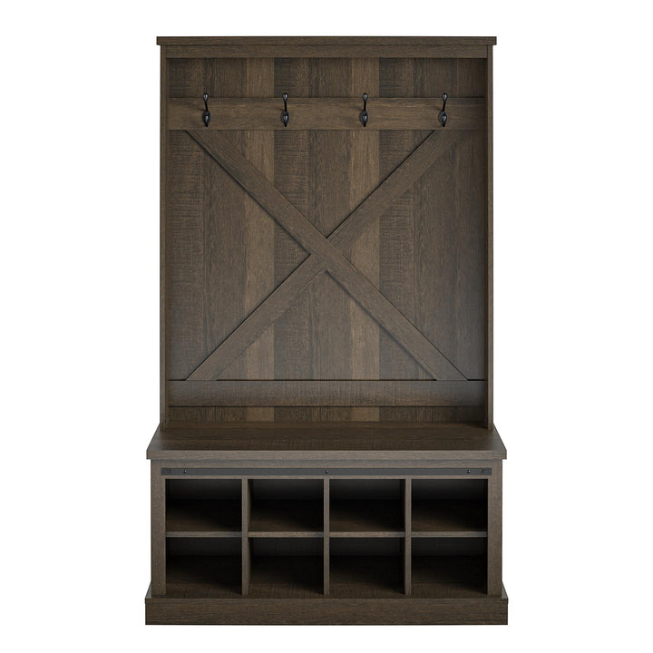 entryway bench with storage and hooks - Brown Oak