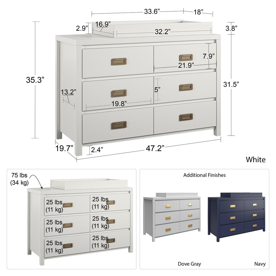 Durable changing dresser with gold pulls -  White