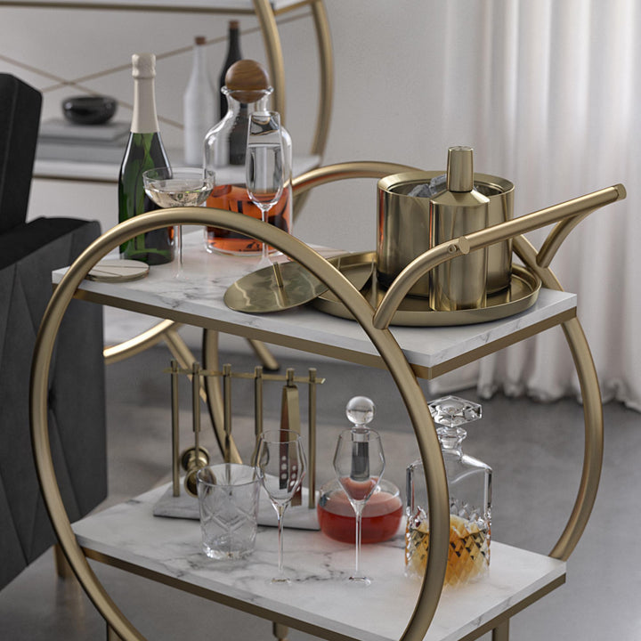 Elegant Round Bar Cart with Marble -  White marble