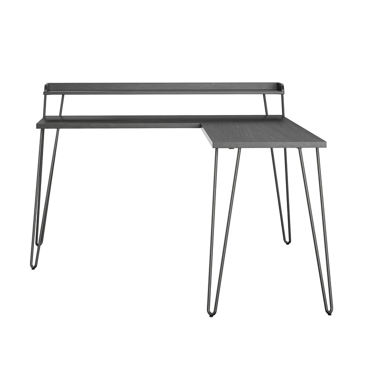 Retro L Desk with Riser and Metal Hairpin Legs -  Black Oak