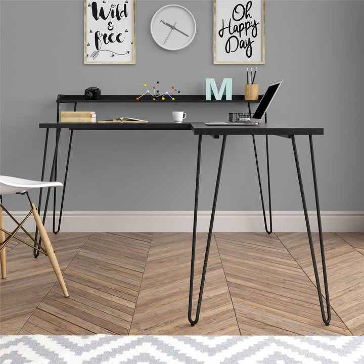 Haven Retro Computer L Desk with Riser and Metal Hairpin Legs  -  Black Oak