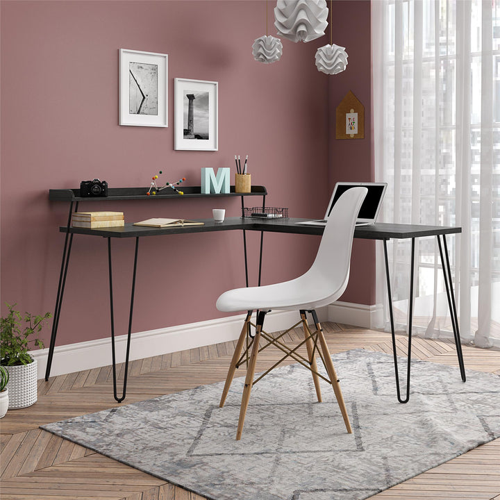 Durable Haven Retro Computer L Desk with Riser -  Black Oak