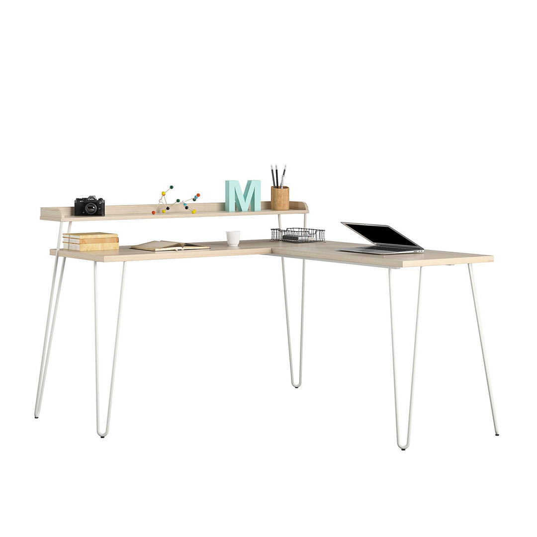 Retro L Desk with Metal Hairpin Legs for Office -  Natural/White