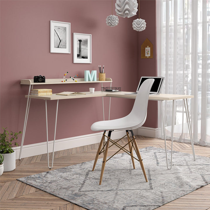 Stylish Retro Computer L Desk with Riser -  Natural/White