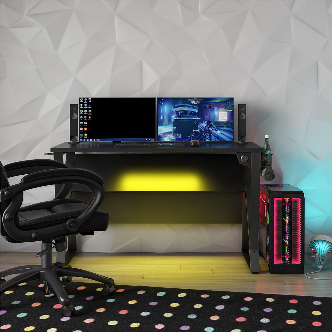Functional Genesis Gaming Desk with LED Lights -  Black