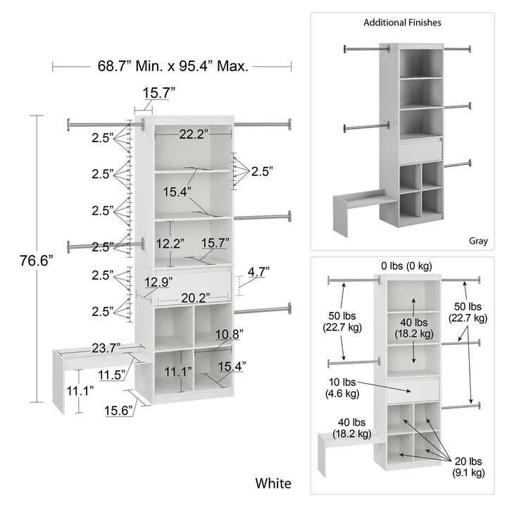 Grow with Me Adjustable Closet Organizer System with Adjustable Poles - White