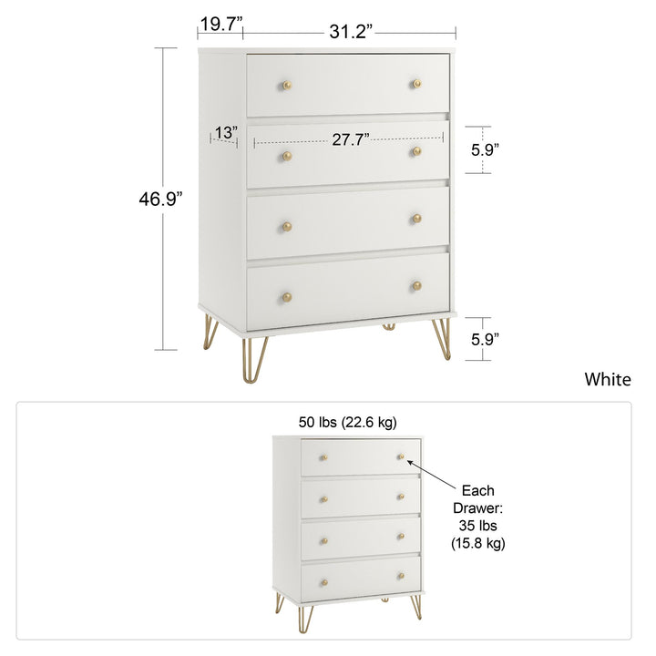 4 Drawer Dresser with Modern Style -  White