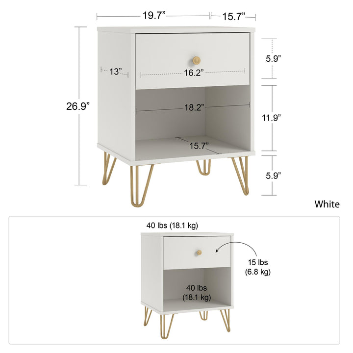 Finley Nightstand with 1 Drawer and Gold Hairpin Legs - White