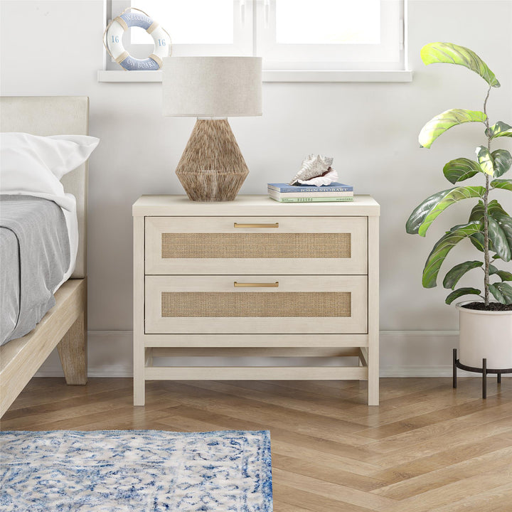 Lennon 2 Drawer Wide Nightstand with Faux Rattan - Ivory Oak