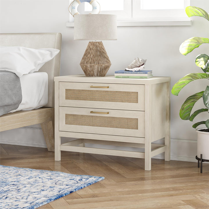 Lennon 2 Drawer Wide Nightstand with Faux Rattan - Ivory Oak