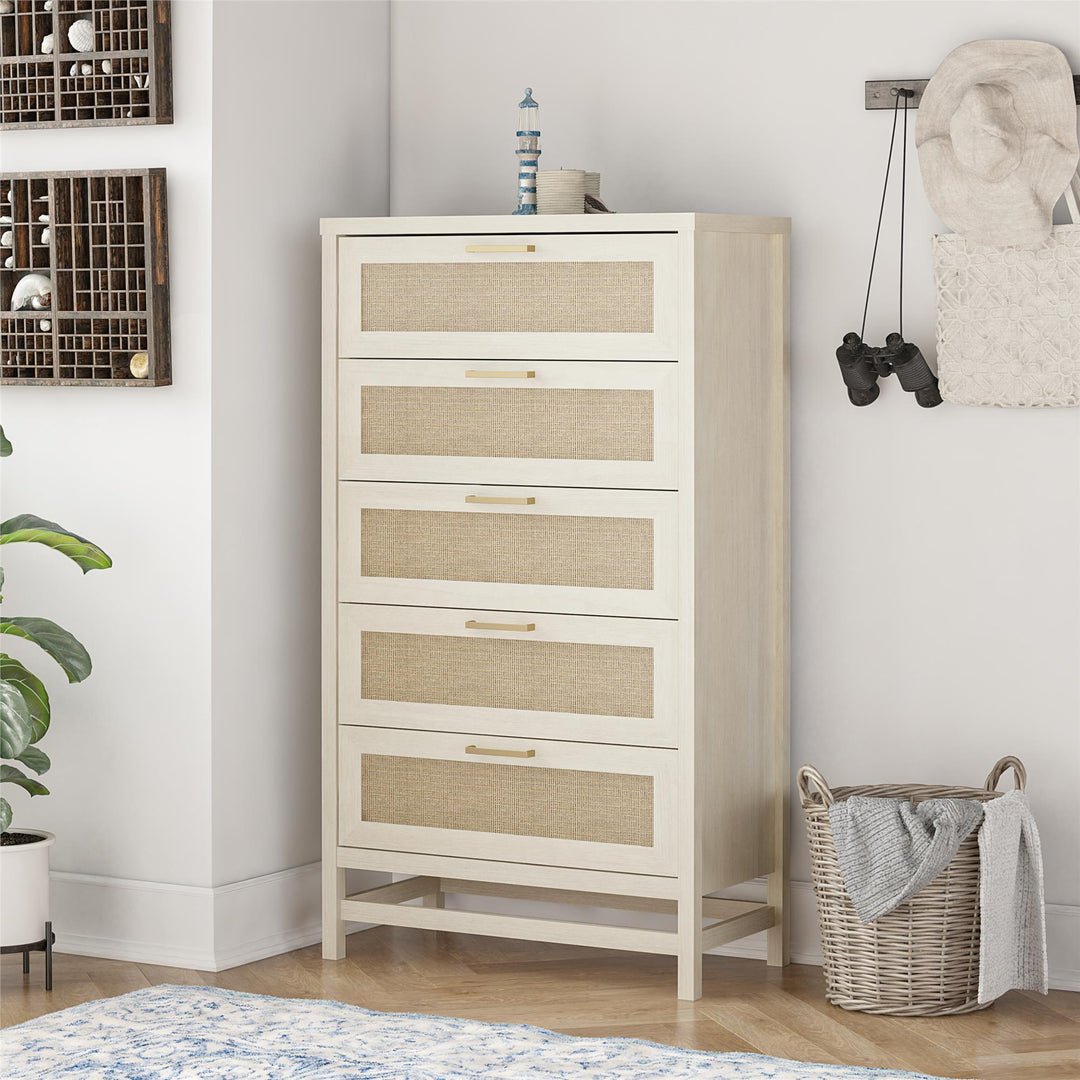 Rattan 5 drawer storage cabinet - Ivory Oak