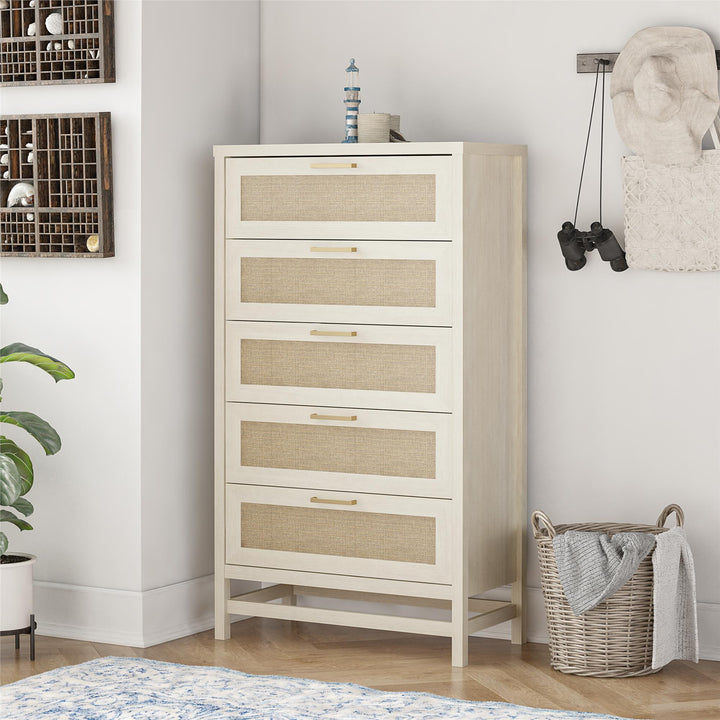 Rattan 5 drawer storage cabinet - Ivory Oak