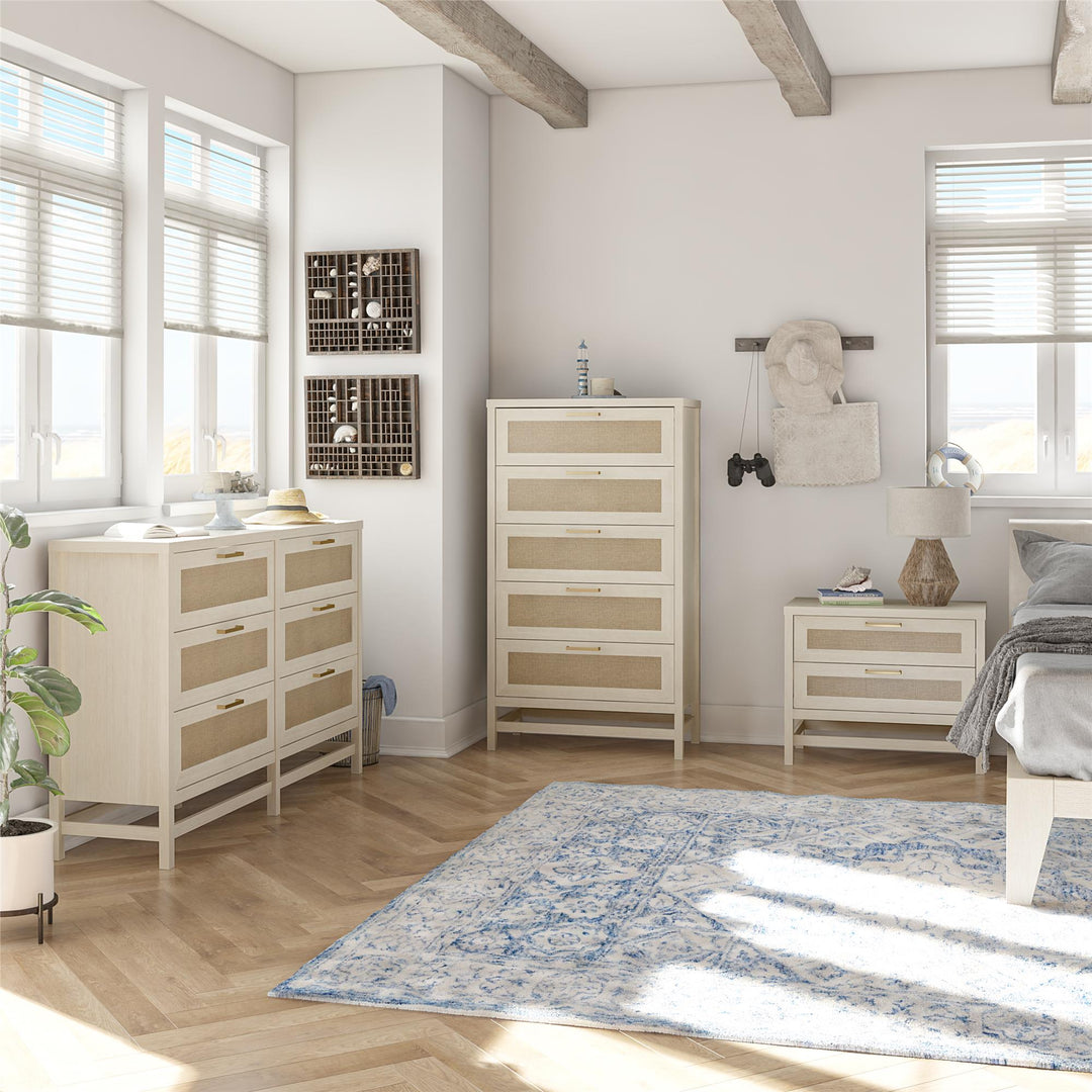 Lennon 5 drawer dresser with faux rattan - Ivory Oak