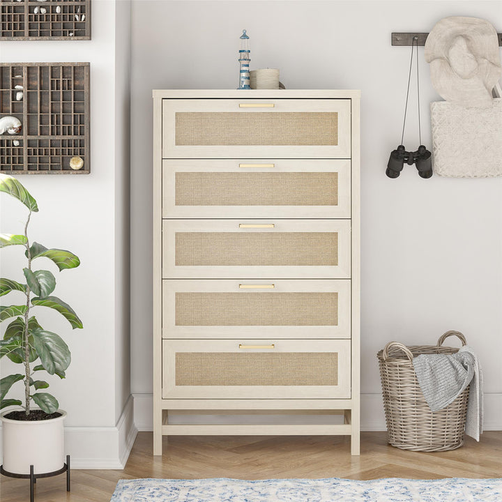Rattan 5 drawer dresser - Ivory Oak