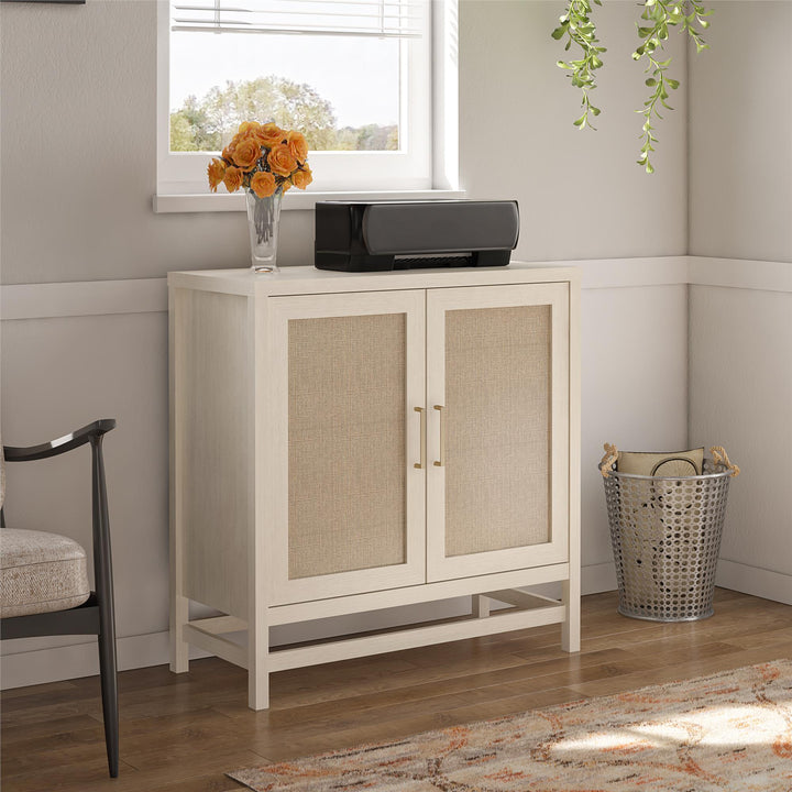 Faux rattan 2 door storage cabinet with 2 shelves - Ivory Oak