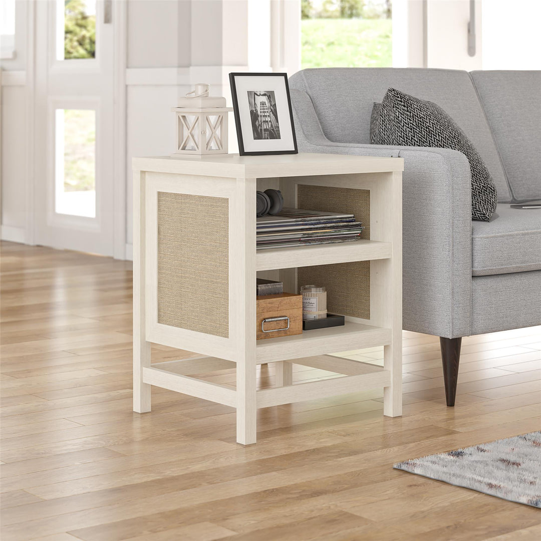 Lennon End Table with Faux Rattan and 2 Open Shelves - Ivory Oak