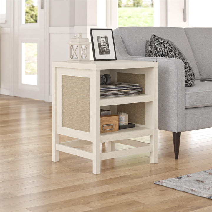 Lennon End Table with Faux Rattan and 2 Open Shelves - Ivory Oak
