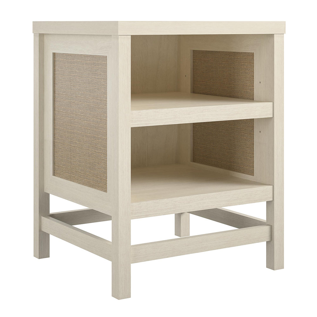 Lennon End Table with Faux Rattan and 2 Open Shelves - Ivory Oak
