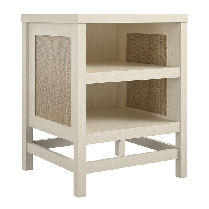 Lennon End Table with Faux Rattan and 2 Open Shelves - Ivory Oak