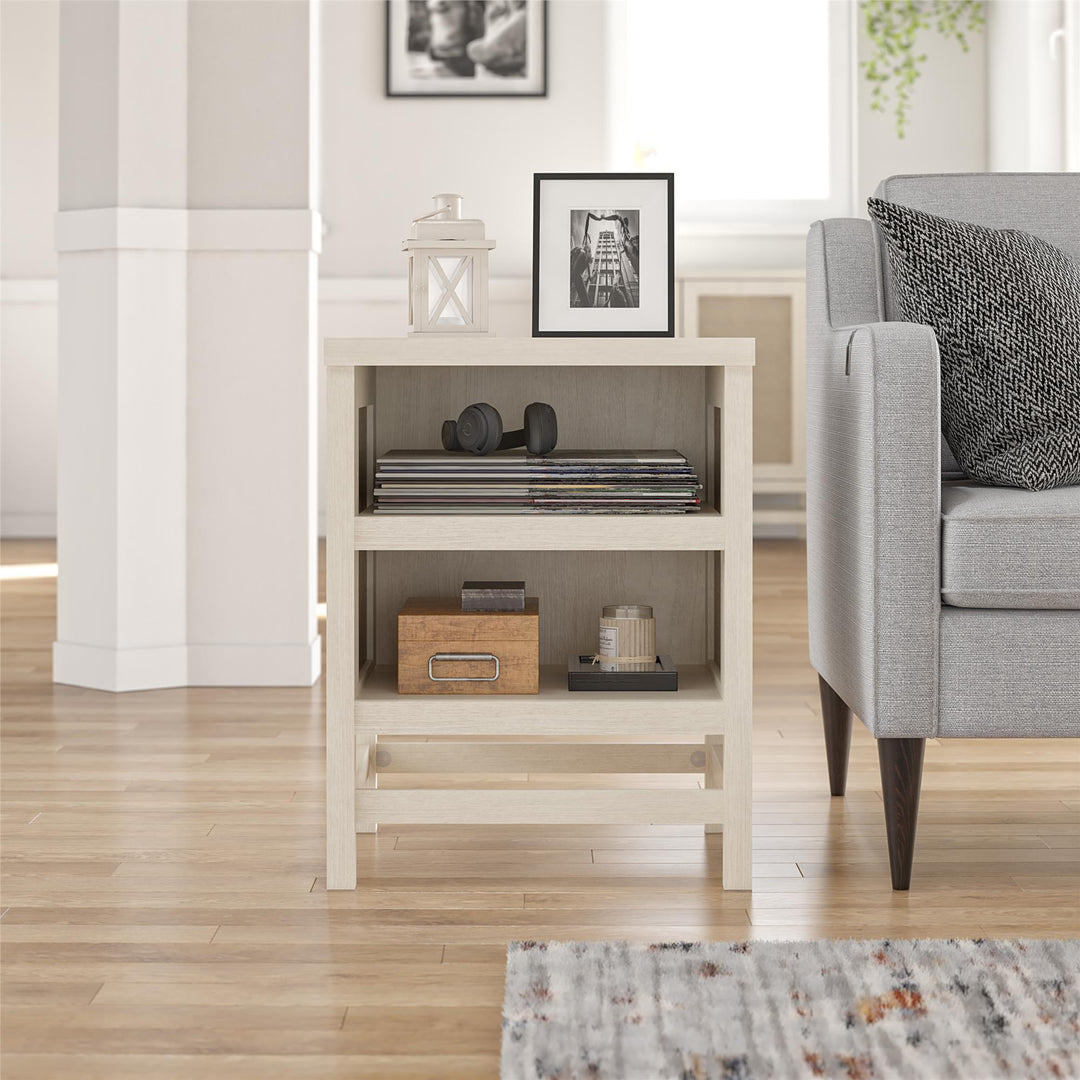 Lennon End Table with Faux Rattan and 2 Open Shelves - Ivory Oak