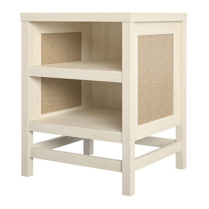 Lennon End Table with Faux Rattan and 2 Open Shelves - Ivory Oak
