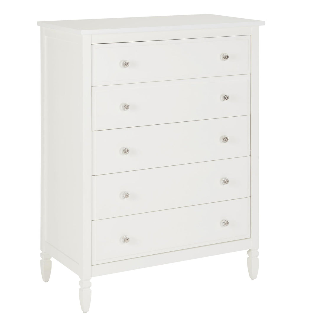 RealRooms Lillian 5-Drawer Chest with Clear Acrylic Drawer Knobs and Turned Wood Feet - White