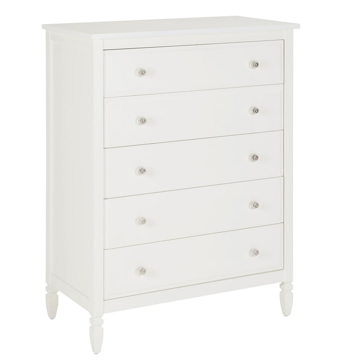 RealRooms Lillian 5-Drawer Chest with Clear Acrylic Drawer Knobs and Turned Wood Feet - White