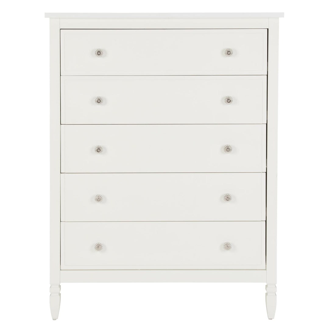 RealRooms Lillian 5-Drawer Chest with Clear Acrylic Drawer Knobs and Turned Wood Feet - White