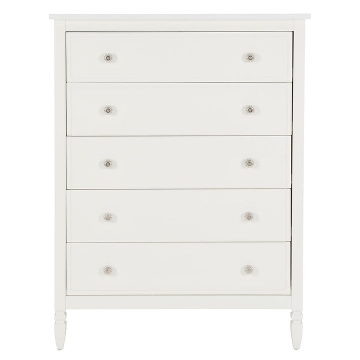 RealRooms Lillian 5-Drawer Chest with Clear Acrylic Drawer Knobs and Turned Wood Feet - White