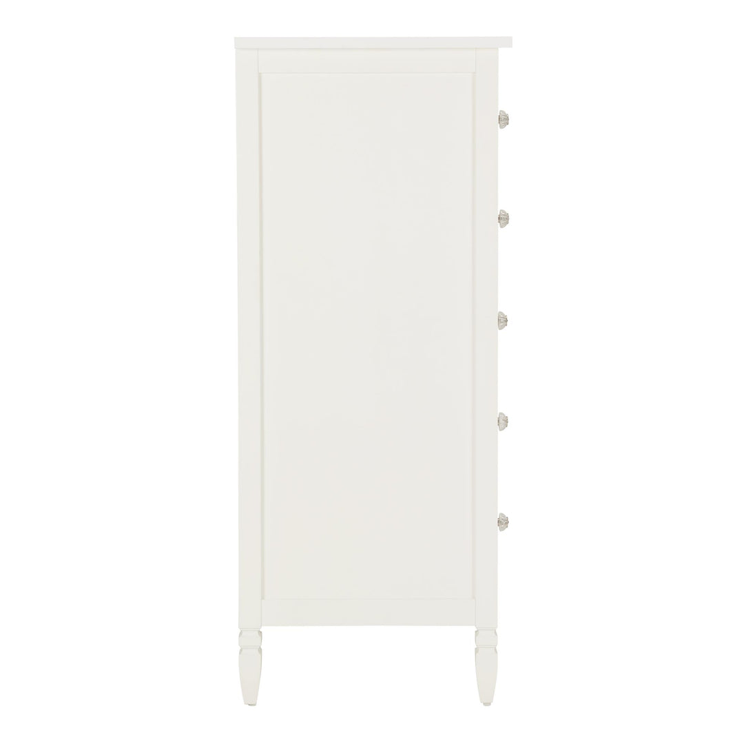 RealRooms Lillian 5-Drawer Chest with Clear Acrylic Drawer Knobs and Turned Wood Feet - White