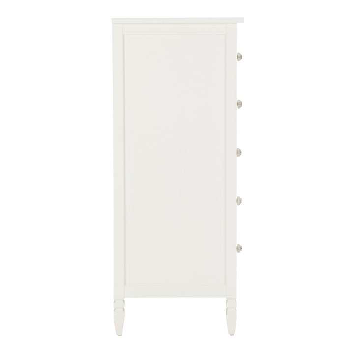 RealRooms Lillian 5-Drawer Chest with Clear Acrylic Drawer Knobs and Turned Wood Feet - White