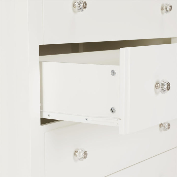 RealRooms Lillian 5-Drawer Chest with Clear Acrylic Drawer Knobs and Turned Wood Feet - White