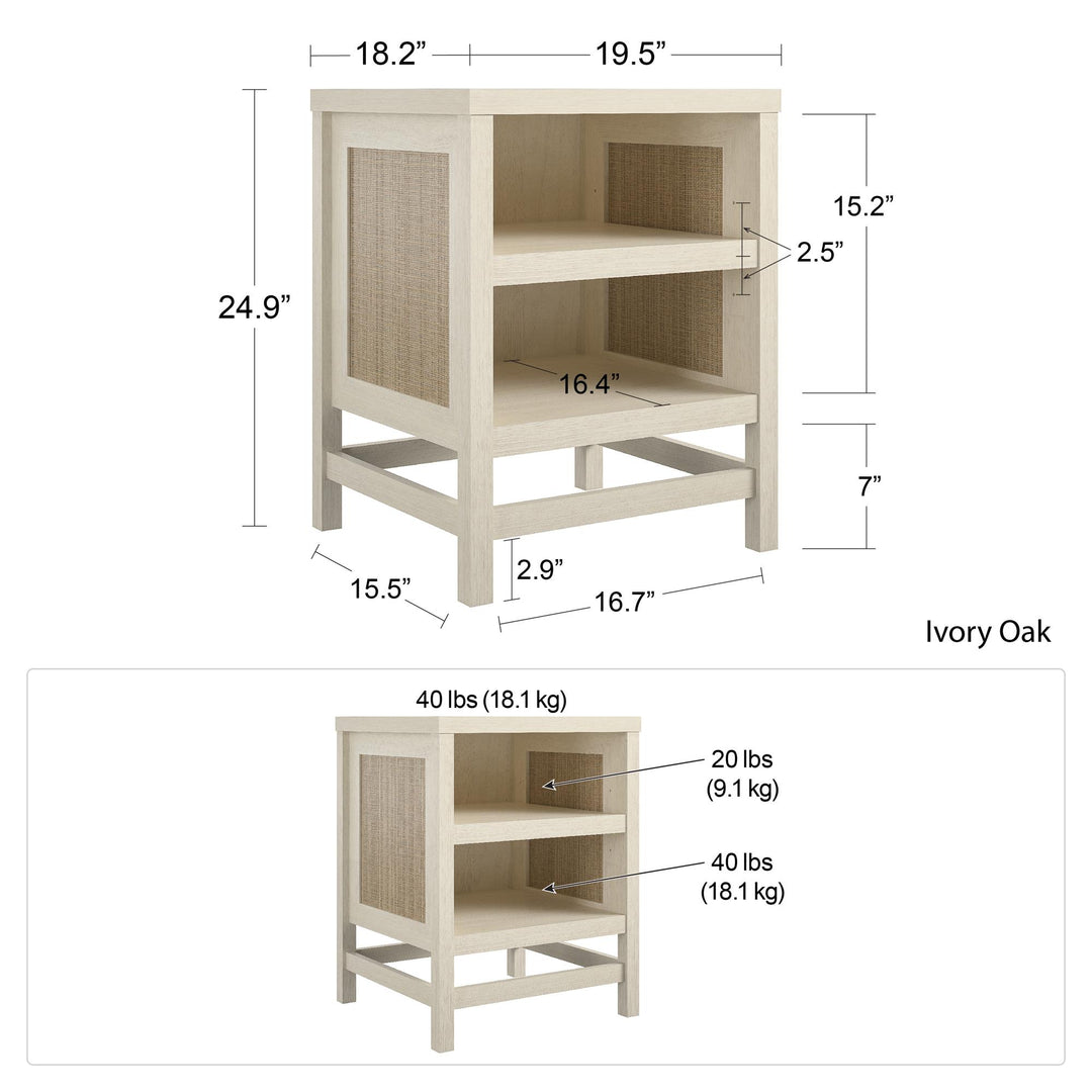 Lennon End Table with Faux Rattan and 2 Open Shelves - Ivory Oak