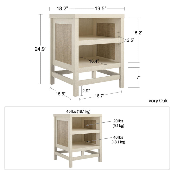 Lennon End Table with Faux Rattan and 2 Open Shelves - Ivory Oak