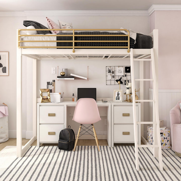 Metal Loft Bed with Angled Ladder -  White  -  Twin