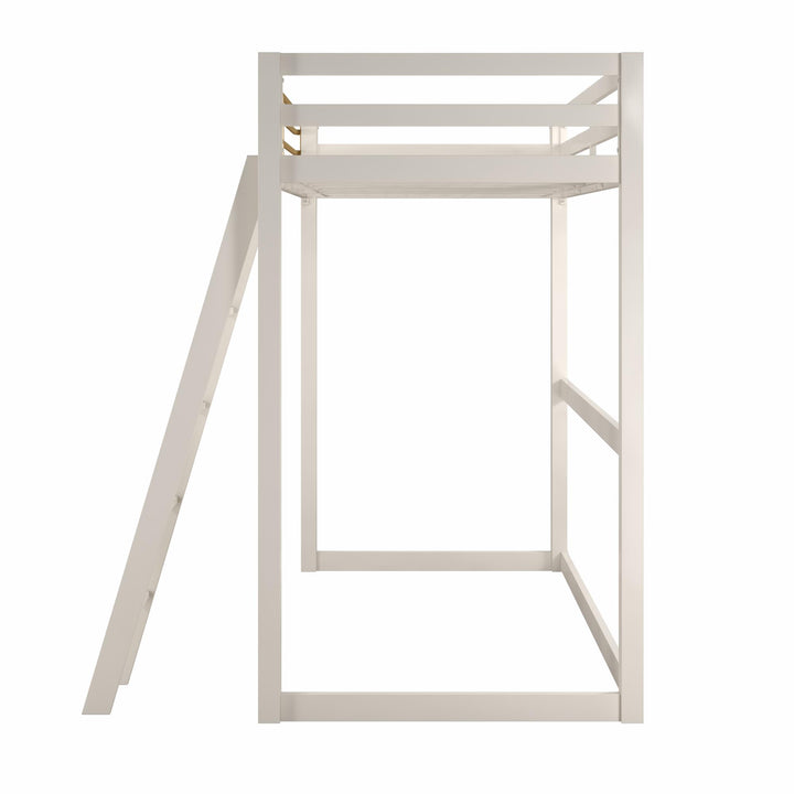 Modern Metal Loft Bed with Angled Ladder -  White  -  Twin