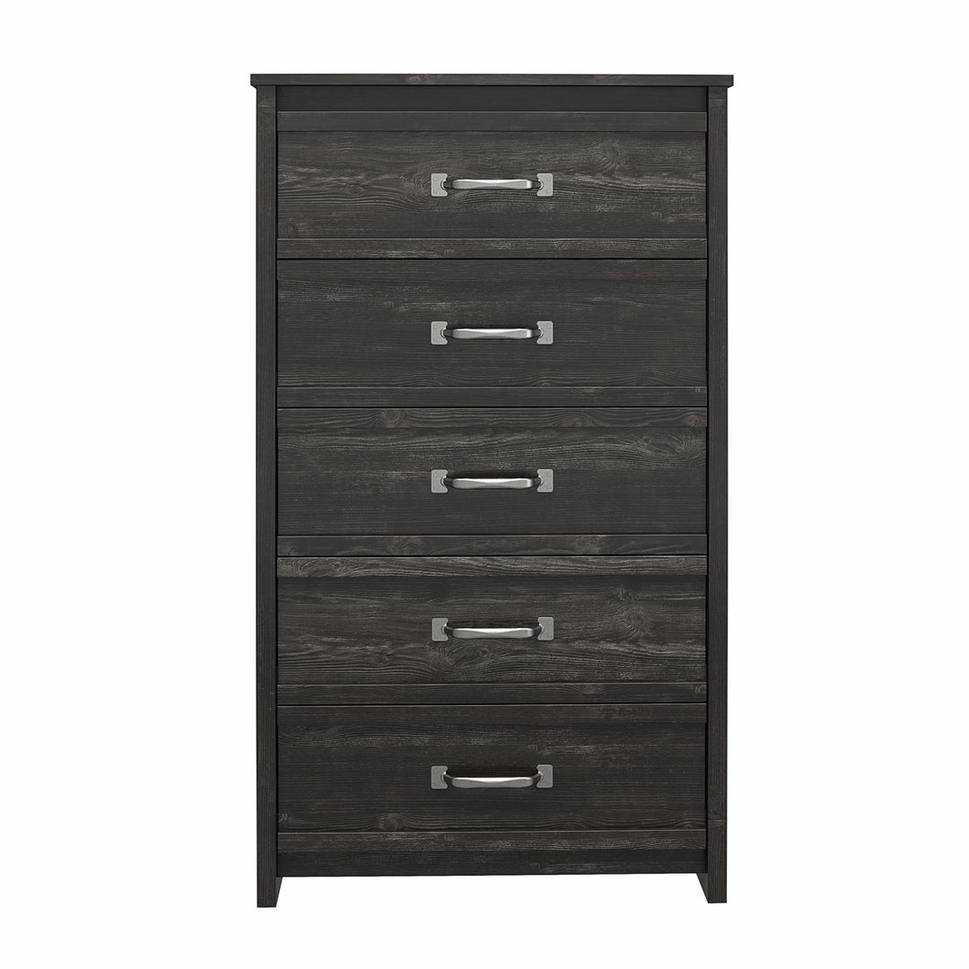Draven Rustic Modern 5 Drawer Dresser with Pewter Handles  -  Black Oak