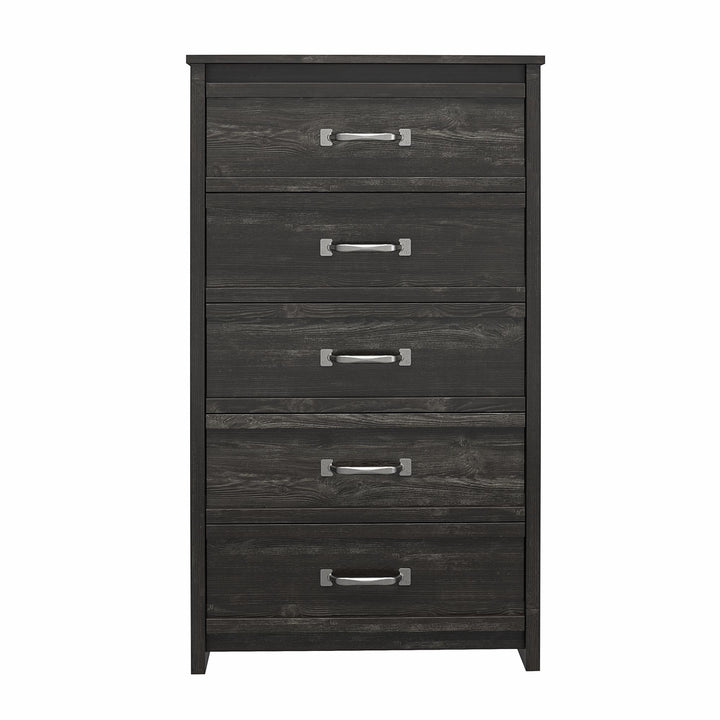 Draven Rustic Modern 5 Drawer Dresser with Pewter Handles  -  Black Oak