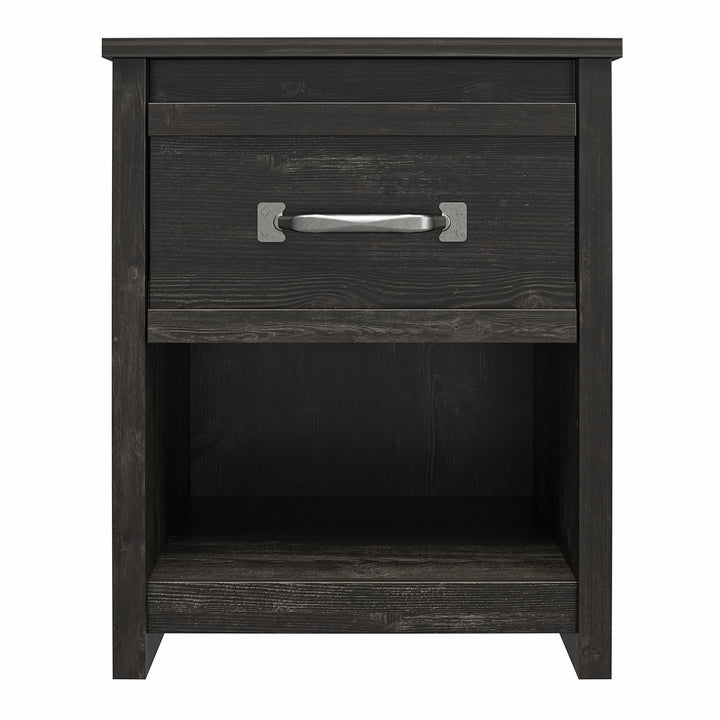 Draven Rustic Modern 1 Drawer Nightstand with Pewter Handles  -  Black Oak