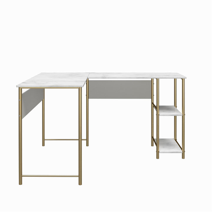 Berkeley L Desk with Open Shelves and Large Work Surface  -  White marble