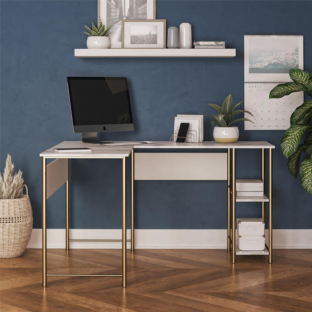 L desk with open storage -  White marble