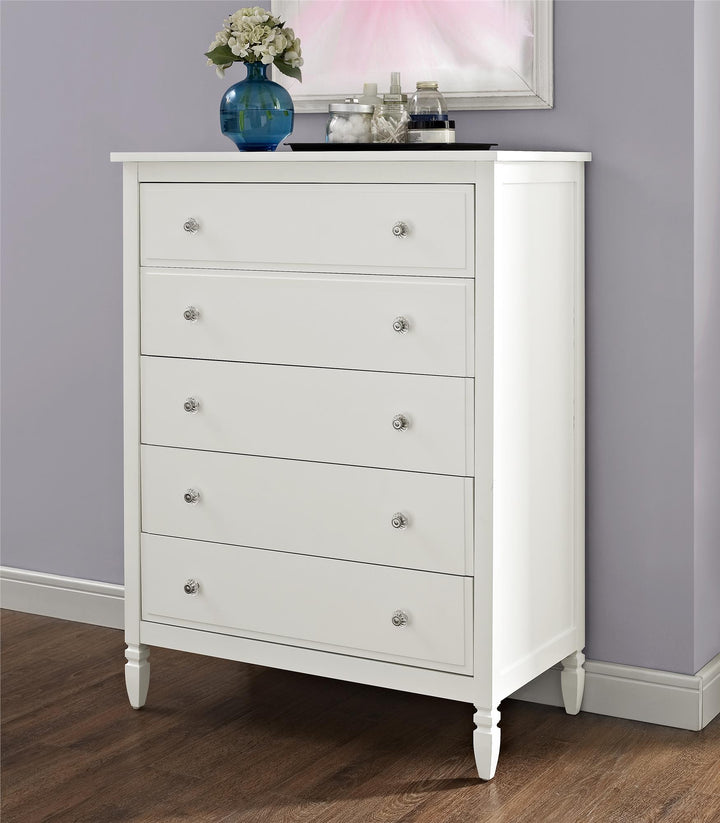 RealRooms Lillian 5-Drawer Chest with Clear Acrylic Drawer Knobs and Turned Wood Feet - White
